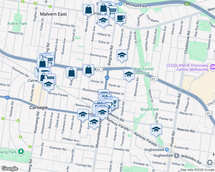 map of restaurants, bars, coffee shops, grocery stores, and more near 22 Murrumbeena Road in Murrumbeena