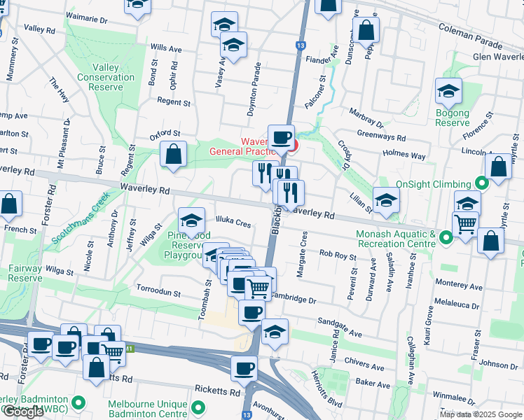 map of restaurants, bars, coffee shops, grocery stores, and more near 534 Waverley Road in Mount Waverley