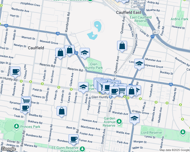 map of restaurants, bars, coffee shops, grocery stores, and more near 89 Neerim Road in Glen Huntly
