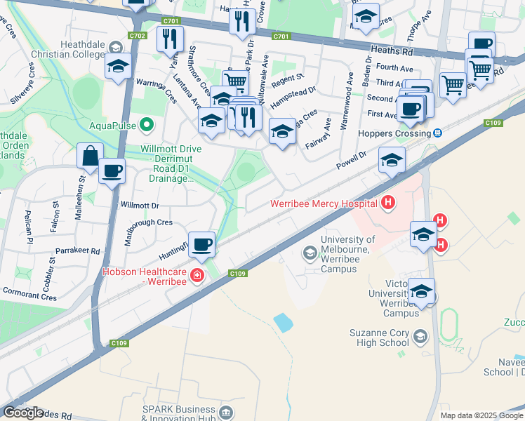 map of restaurants, bars, coffee shops, grocery stores, and more near 19 Bernhardt Avenue in Hoppers Crossing