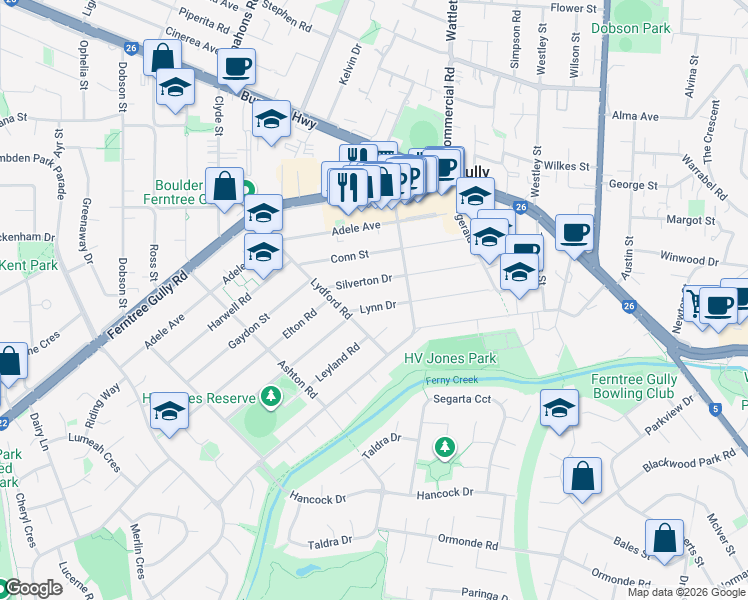 map of restaurants, bars, coffee shops, grocery stores, and more near 42 Lynn Drive in Ferntree Gully