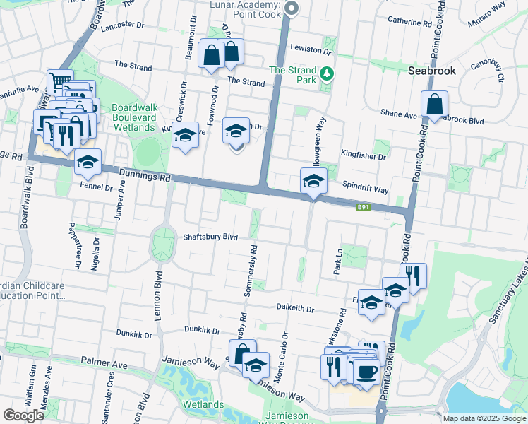 map of restaurants, bars, coffee shops, grocery stores, and more near 43 Hyde Park Terrace in Point Cook