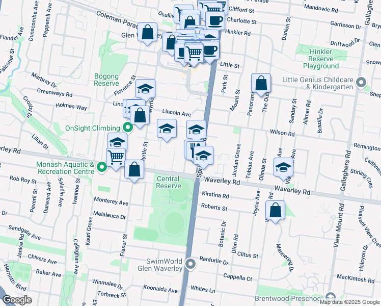 map of restaurants, bars, coffee shops, grocery stores, and more near 1 Frank Street in Glen Waverley