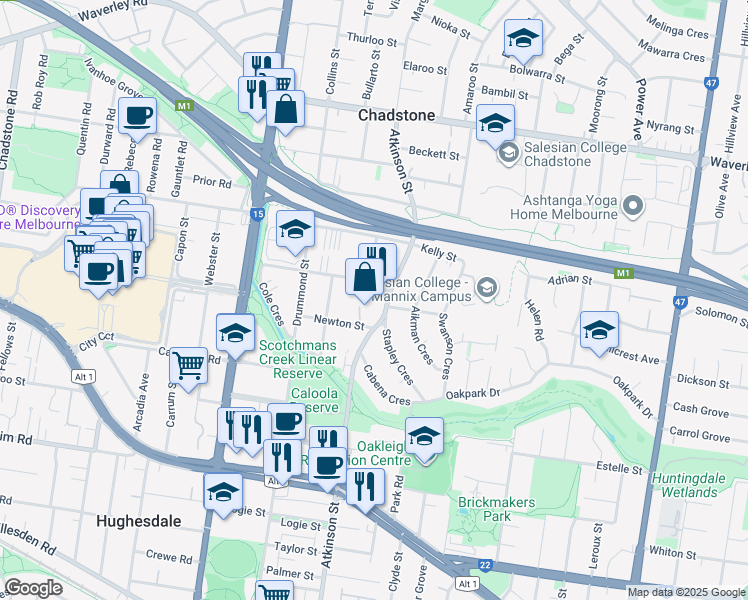 map of restaurants, bars, coffee shops, grocery stores, and more near 53 Atkinson Street in Chadstone