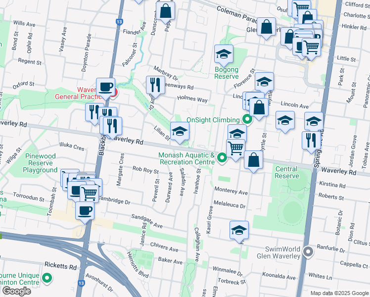 map of restaurants, bars, coffee shops, grocery stores, and more near 585 Waverley Road in Glen Waverley