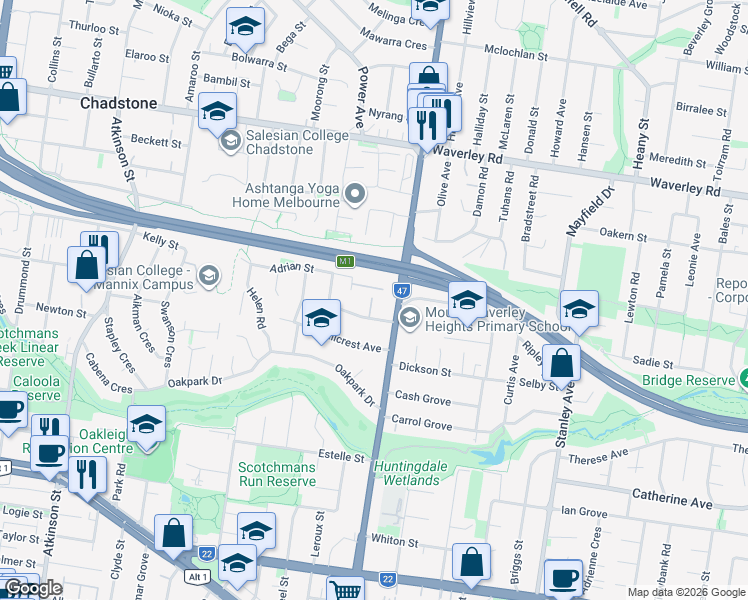 map of restaurants, bars, coffee shops, grocery stores, and more near 11 Churchill Avenue in Chadstone
