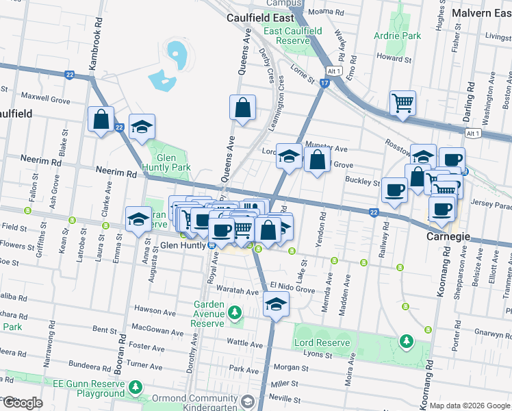 map of restaurants, bars, coffee shops, grocery stores, and more near 4 Hinton Road in Glen Huntly