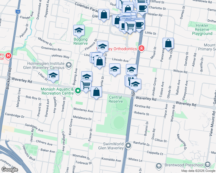 map of restaurants, bars, coffee shops, grocery stores, and more near 10 Ada Street in Glen Waverley