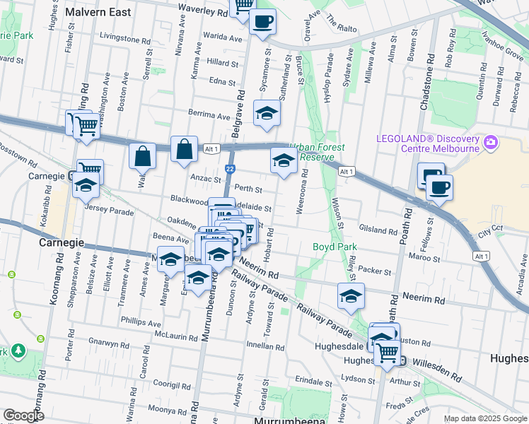 map of restaurants, bars, coffee shops, grocery stores, and more near 3 Adelaide Street in Murrumbeena
