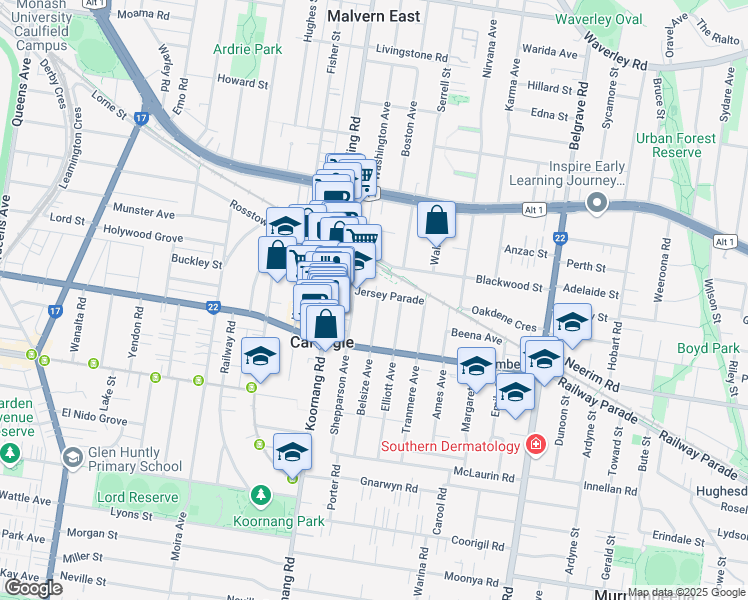 map of restaurants, bars, coffee shops, grocery stores, and more near 16 Jersey Parade in Carnegie