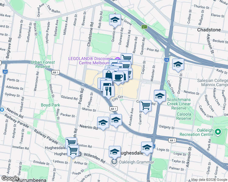 map of restaurants, bars, coffee shops, grocery stores, and more near 1341 Dandenong Road in Malvern East