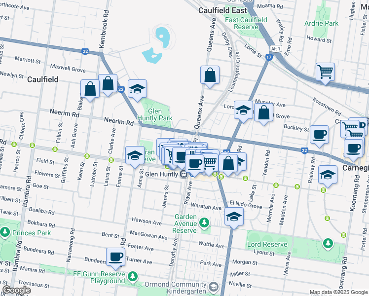 map of restaurants, bars, coffee shops, grocery stores, and more near 115 Neerim Road in Glen Huntly