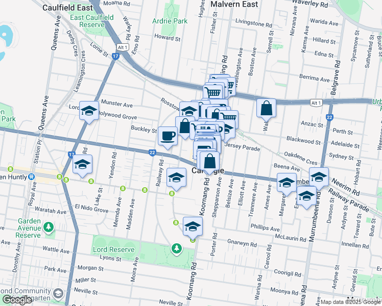 map of restaurants, bars, coffee shops, grocery stores, and more near 22 Kokaribb Road in Carnegie