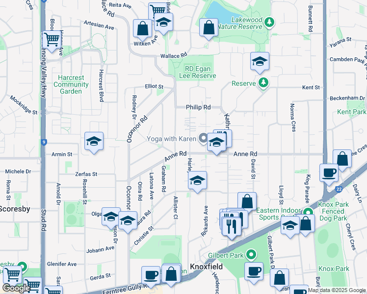 map of restaurants, bars, coffee shops, grocery stores, and more near 104 Anne Road in Knoxfield