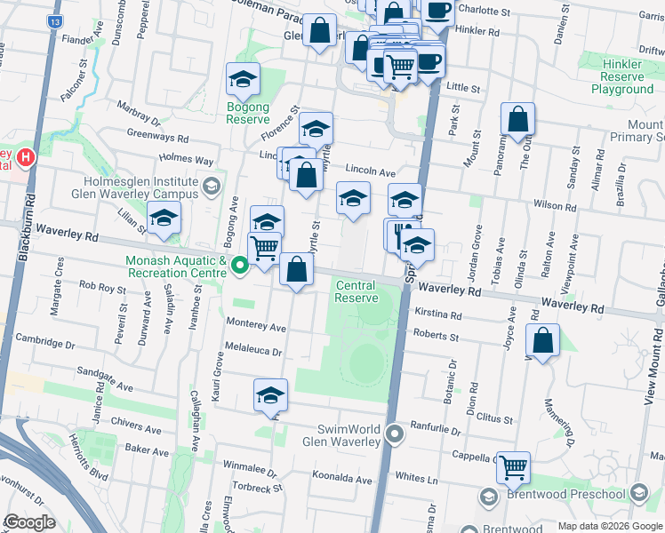 map of restaurants, bars, coffee shops, grocery stores, and more near 665 Waverley Road in Glen Waverley