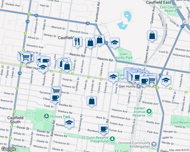 map of restaurants, bars, coffee shops, grocery stores, and more near 1017 Glen Huntly Road in Caulfield