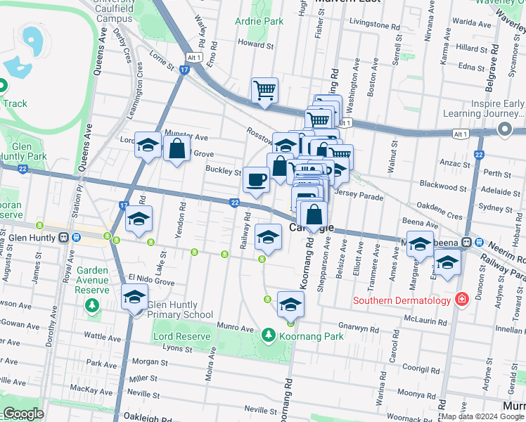 map of restaurants, bars, coffee shops, grocery stores, and more near 247 Neerim Road in Carnegie