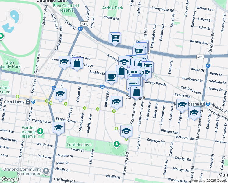 map of restaurants, bars, coffee shops, grocery stores, and more near 247 Neerim Road in Carnegie
