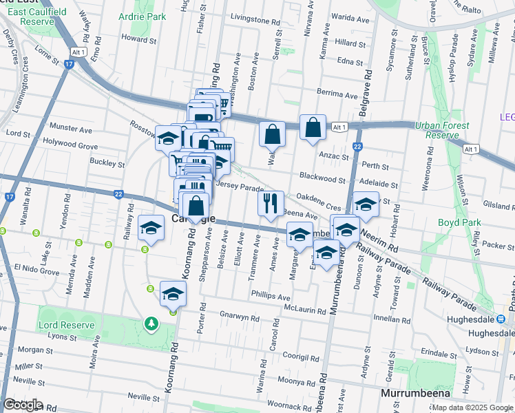map of restaurants, bars, coffee shops, grocery stores, and more near 10 Tranmere Avenue in Carnegie