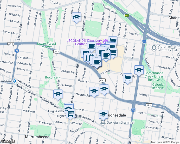 map of restaurants, bars, coffee shops, grocery stores, and more near 1328 Dandenong Road in Hughesdale