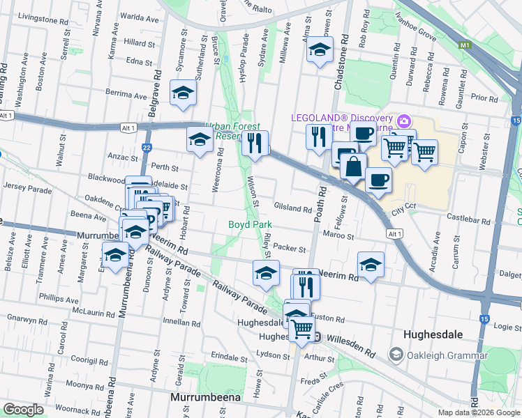 map of restaurants, bars, coffee shops, grocery stores, and more near 13 Wilson Street in Murrumbeena
