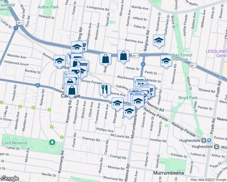 map of restaurants, bars, coffee shops, grocery stores, and more near 8 Beena Avenue in Carnegie