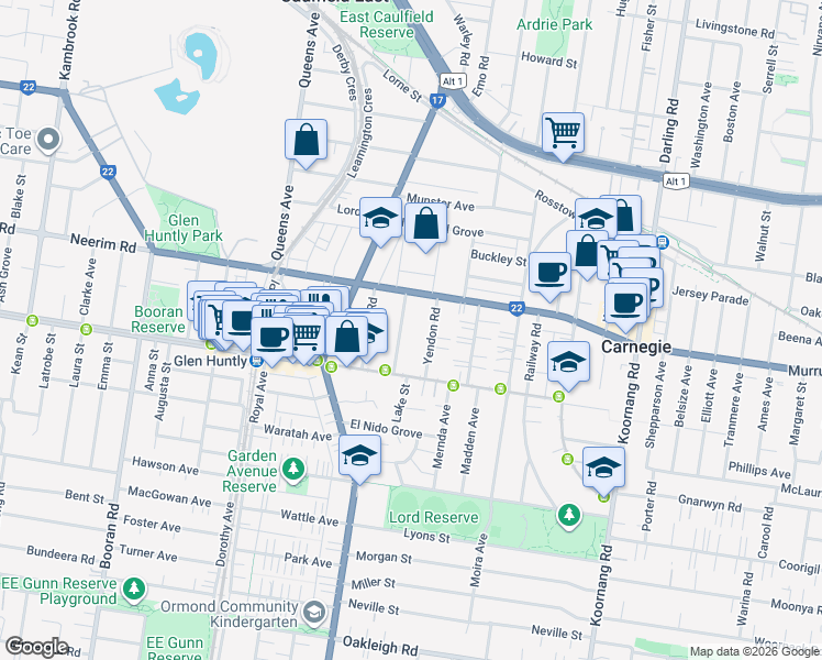 map of restaurants, bars, coffee shops, grocery stores, and more near 9 Maroona Road in Carnegie