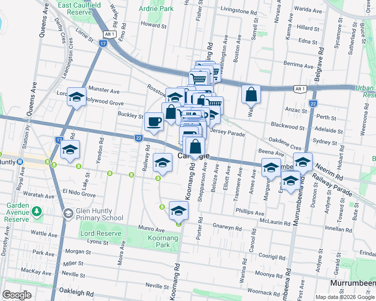 map of restaurants, bars, coffee shops, grocery stores, and more near 284 Neerim Road in Carnegie