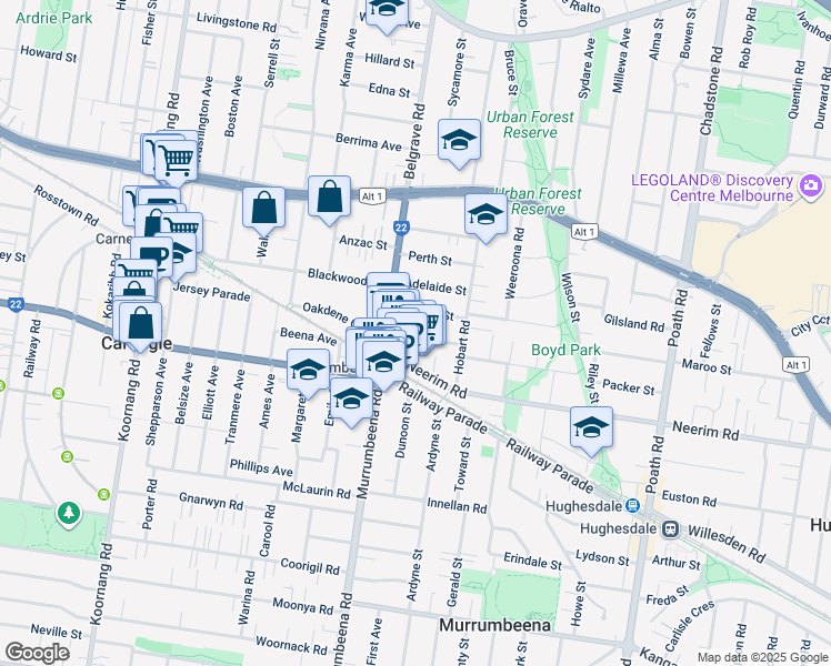 map of restaurants, bars, coffee shops, grocery stores, and more near 20 Melbourne Street in Murrumbeena
