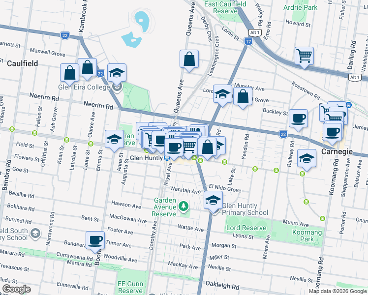 map of restaurants, bars, coffee shops, grocery stores, and more near 3 Huntly Street in Glen Huntly