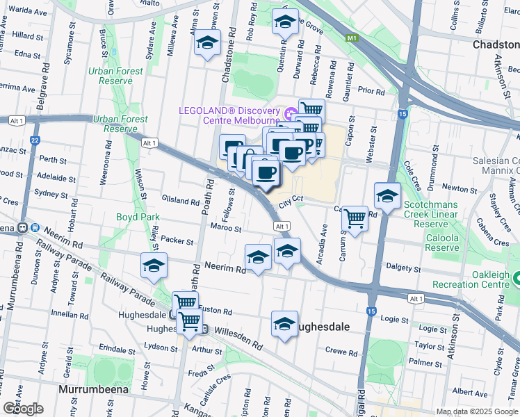 map of restaurants, bars, coffee shops, grocery stores, and more near 1338A Dandenong Road in Hughesdale