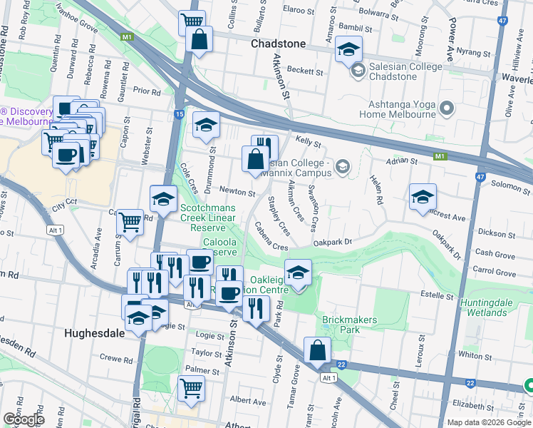 map of restaurants, bars, coffee shops, grocery stores, and more near 7 Stapley Crescent in Chadstone