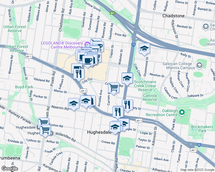 map of restaurants, bars, coffee shops, grocery stores, and more near 34 Castlebar Road in Malvern East
