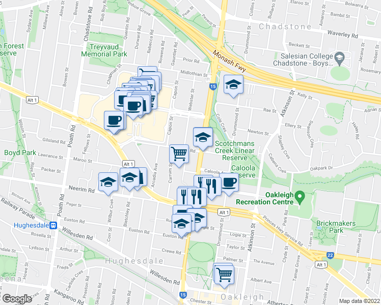 map of restaurants, bars, coffee shops, grocery stores, and more near 52 Castlebar Road in Malvern East