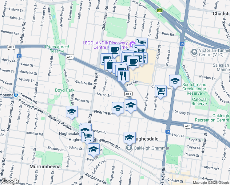 map of restaurants, bars, coffee shops, grocery stores, and more near 19 Maroo Street in Hughesdale