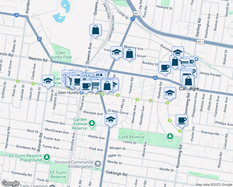 map of restaurants, bars, coffee shops, grocery stores, and more near 1257 Glen Huntly Road in Carnegie