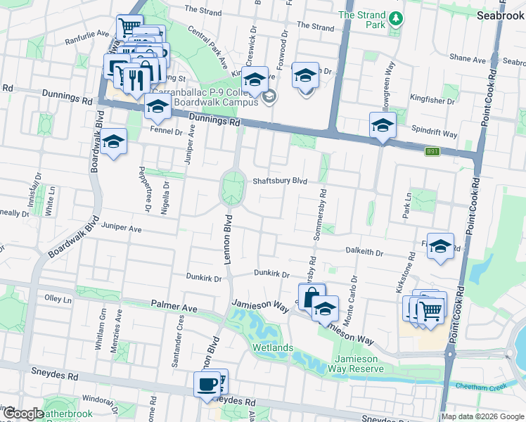 map of restaurants, bars, coffee shops, grocery stores, and more near 18 Portofino Crescent in Point Cook