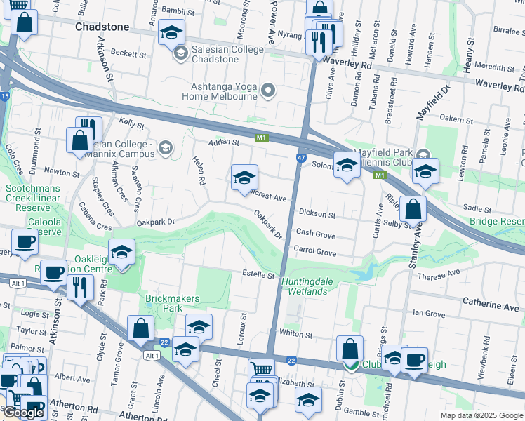 map of restaurants, bars, coffee shops, grocery stores, and more near 51 Oakpark Drive in Chadstone