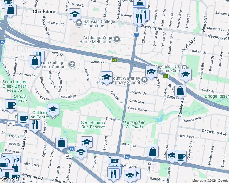 map of restaurants, bars, coffee shops, grocery stores, and more near 51 Oakpark Drive in Chadstone