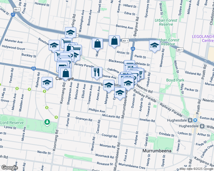 map of restaurants, bars, coffee shops, grocery stores, and more near 375 Neerim Road in Carnegie