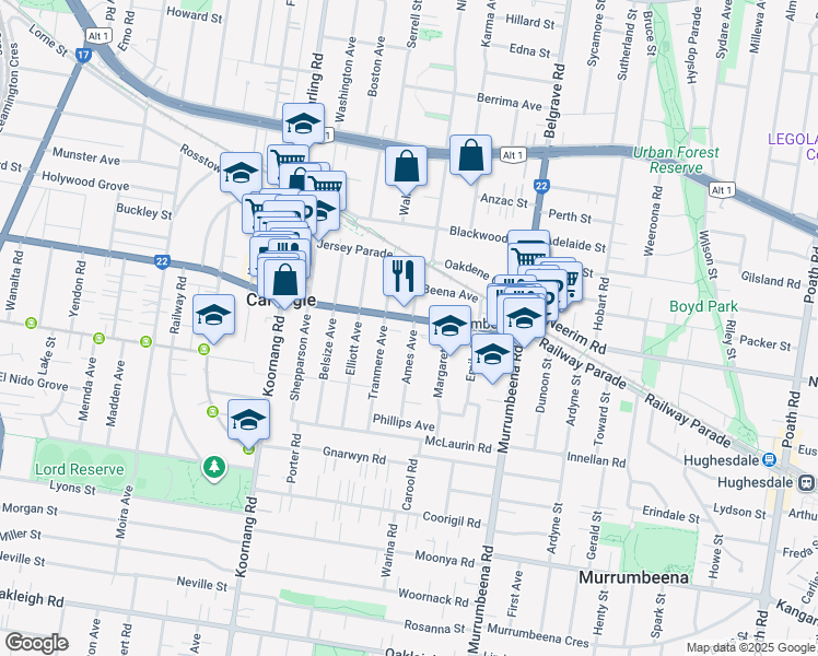 map of restaurants, bars, coffee shops, grocery stores, and more near 369 Neerim Road in Carnegie