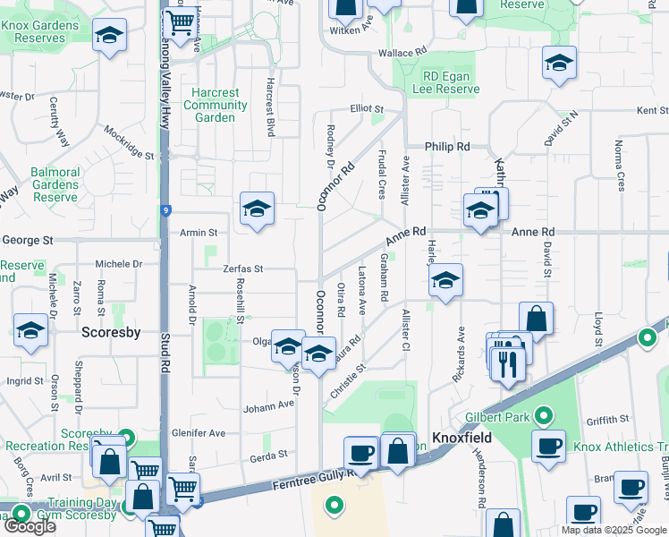 map of restaurants, bars, coffee shops, grocery stores, and more near 140 Anne Road in Knoxfield