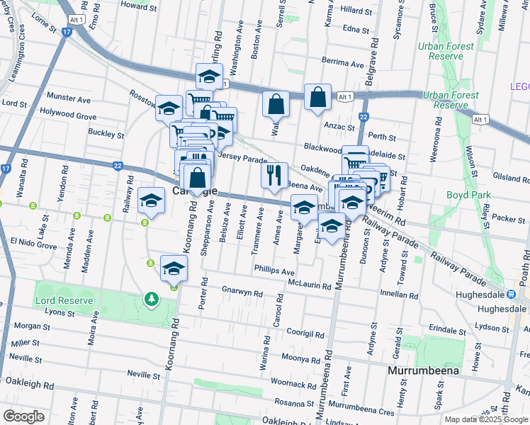 map of restaurants, bars, coffee shops, grocery stores, and more near 31 Tranmere Avenue in Carnegie