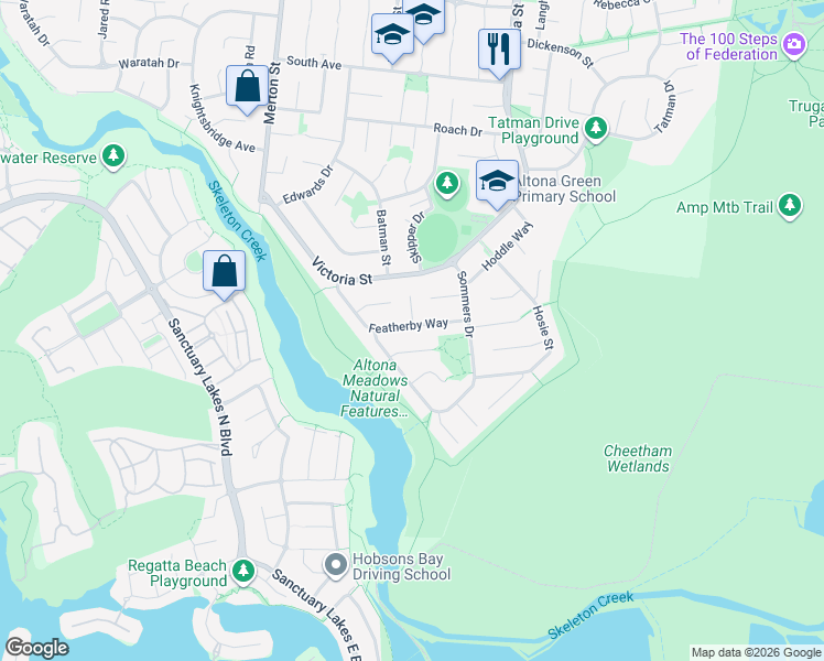 map of restaurants, bars, coffee shops, grocery stores, and more near 26 Featherby Way in Altona Meadows