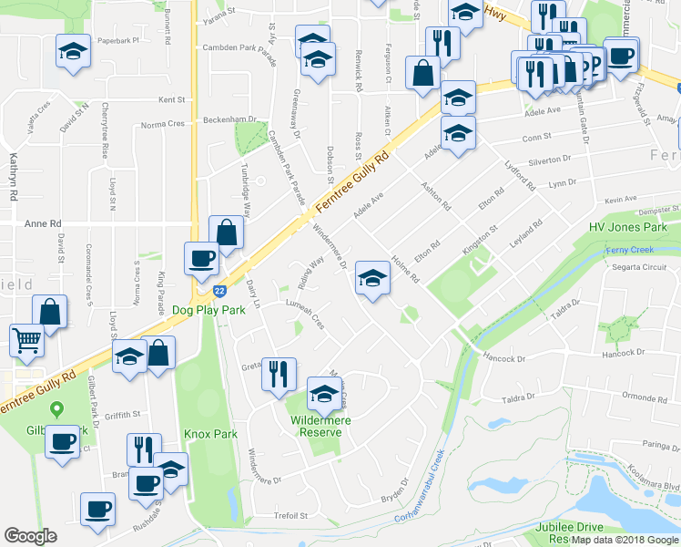 map of restaurants, bars, coffee shops, grocery stores, and more near 1 Scenic Court in Ferntree Gully
