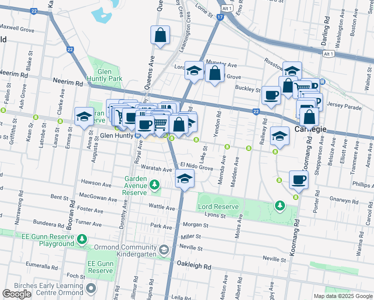 map of restaurants, bars, coffee shops, grocery stores, and more near 9 Parton Court in Carnegie
