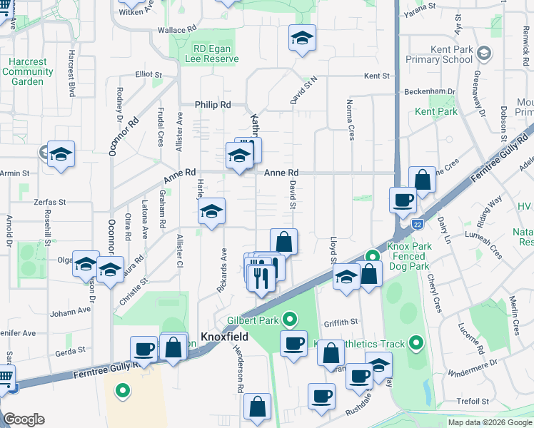 map of restaurants, bars, coffee shops, grocery stores, and more near 36 Kathryn Road in Knoxfield