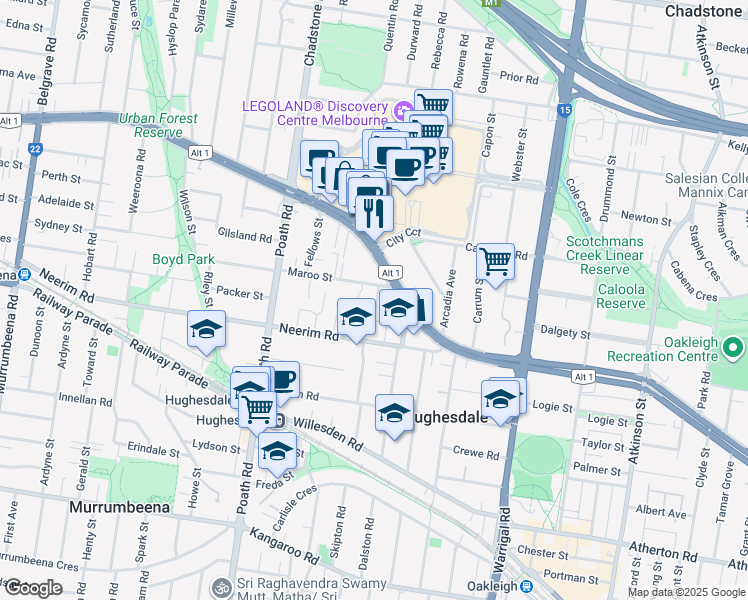 map of restaurants, bars, coffee shops, grocery stores, and more near 34 Maroo Street in Hughesdale