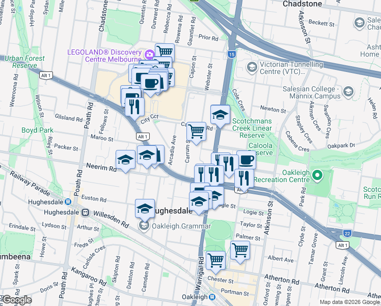 map of restaurants, bars, coffee shops, grocery stores, and more near 18 Carrum Street in Malvern East