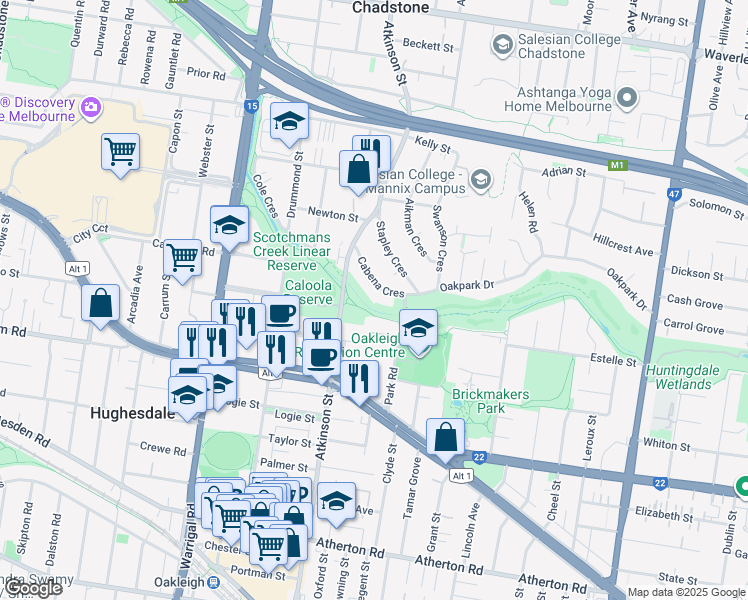 map of restaurants, bars, coffee shops, grocery stores, and more near 18 Cabena Crescent in Chadstone